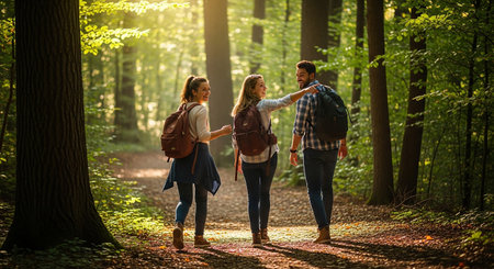 Group of friends walking in the forest. Adventure, travel, people conceptの素材