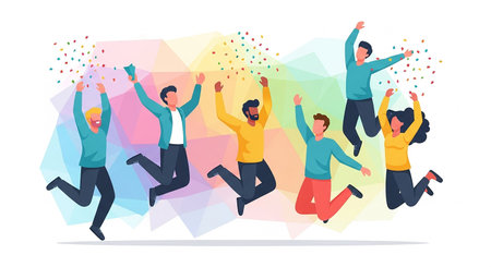 Happy group of people jumping with confetti. Vector illustration in flat styleの素材