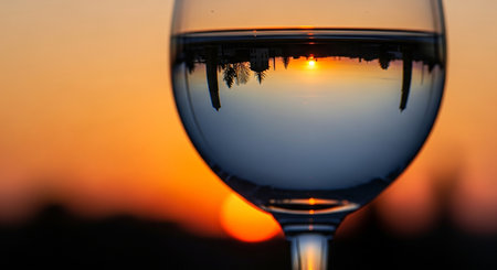 Glass of red wine on sunset background. Selective focus on glassの素材