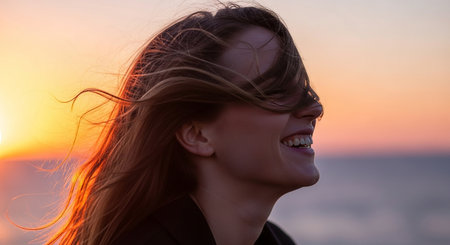 Portrait of a happy young woman with wind in her hair at sunsetの素材