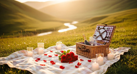 Romantic picnic on the green grass in the mountains. Picnic basket with roses and wine glassesの素材