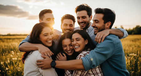 Group of multiethnic friends hugging and laughing on field at sunsetの素材