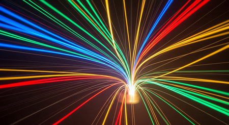 Colorful light trails on the black background. 3d rendering.の素材