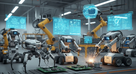 Robot industry 4.0 concept. 3d rendering robot working in factoryの素材