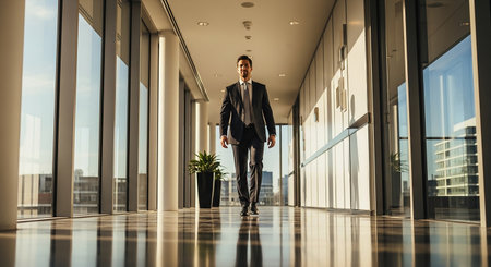 Businessman walking in corridor of modern office building with panoramic windows.の素材