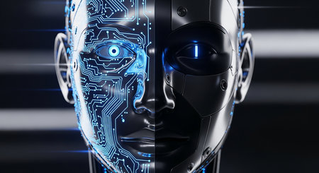 Robot humanoid face with circuit board on dark background 3D renderingの素材
