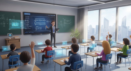 Teacher and students in classroom. Education concept. 3D renderingの素材