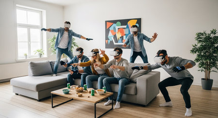 Group of multiethnic friends playing video games with virtual reality headset while sitting on sofa at homeの素材