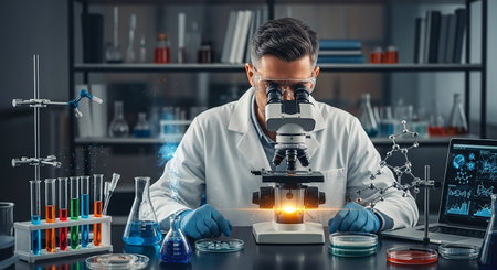 scientist working with microscope in laboratory. science and technology concept.の素材