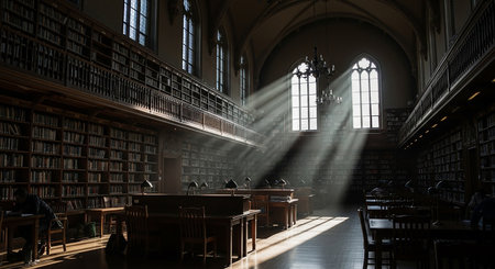 Interior of an old school library with bookshelves and stained glass windowsの素材