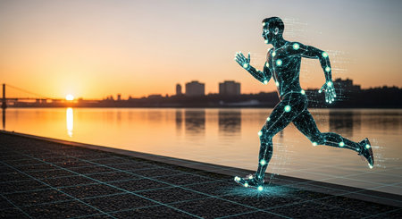 3D rendering of an artificial intelligence robot running on a waterfront at sunsetの素材