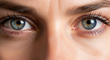 Close-up shot of a beautiful woman's blue eye with eyelashes.の素材