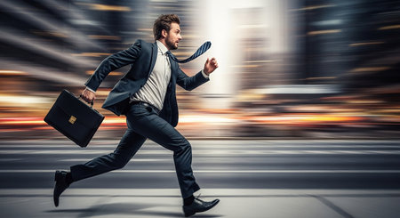 Young businessman running with briefcase in his hand on speed motion blur backgroundの素材