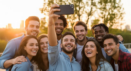 Group of friends taking selfie with mobile phone in park on summer dayの素材