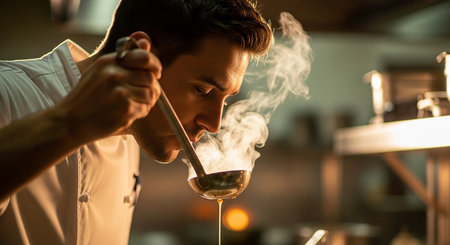 Portrait of a young male chef preparing a meal in the kitchenの素材