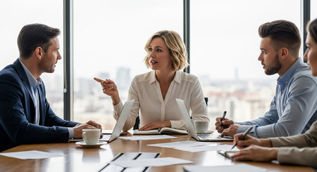 Group of business people discussing business plan at meeting room in modern office.の素材