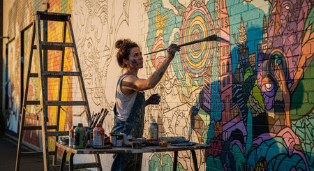 Artist painting graffiti on the wall of a building. Street art concept.の素材