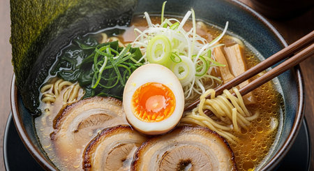 Japanese miso ramen noodle soup with pork and egg in bowlの素材