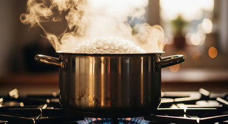 Cooking rice in a pot on a gas stove in the kitchenの素材