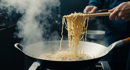 Chef cooking noodles in a wok. Close-up.の素材