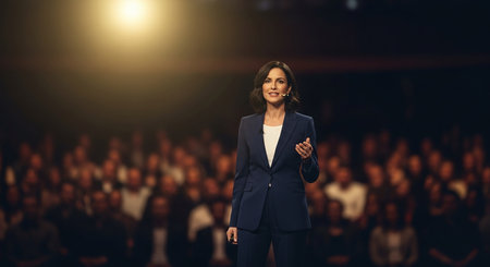 Beautiful woman in suit speaking on stage with audience in the backgroundの素材