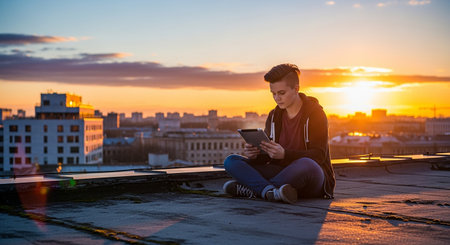 Young man sitting on the roof and using a mobile phone at sunsetの素材