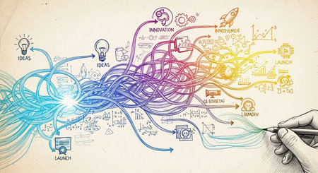 Close up of human hand drawing colorful business strategy plan on paper backgroundの素材