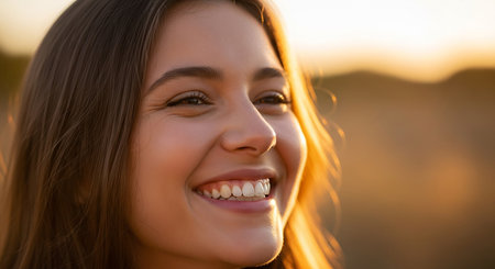 Close up portrait of a beautiful young woman smiling and looking at cameraの素材