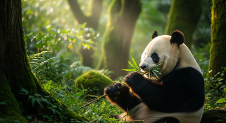 Giant panda eating bamboo in the forest, Chengdu, Chinaの素材
