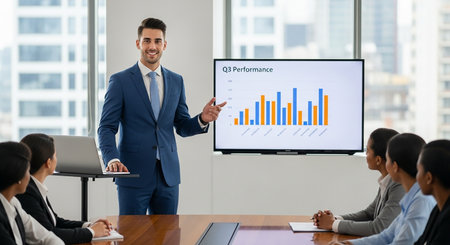 Businessman presenting financial report to colleagues in conference room. Business people having meeting in modern office.の素材