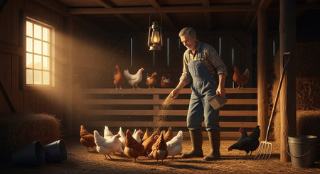 Farmer in his barn with hens and roosters.の素材