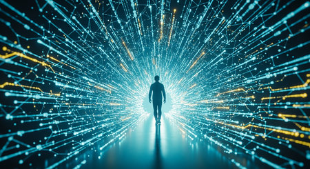3D rendering of a man walking through a tunnel of glowing dots and linesの素材