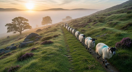 Sheep in the fog at sunrise in the Peak District National Parkの素材
