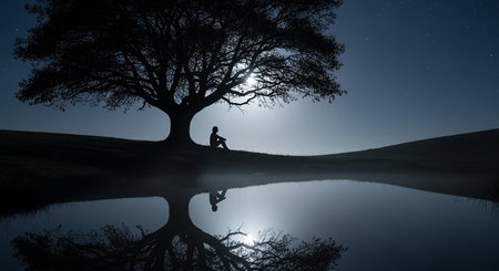 Man sitting under a tree with reflection in a pond at night.の素材