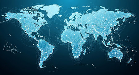 World map on blue background. Global network connection. Vector illustration.の素材