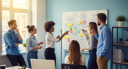 Multiethnic group of young business people brainstorming together in modern office.の素材