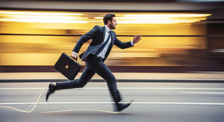 Businessman running fast on the road with his briefcase in motion blurの素材