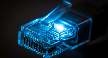 Close-up of a network cable on a black background with blue lightの素材