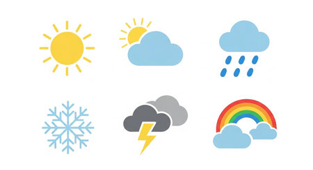 Weather icons set with sun, snowflake, cloud, rain and rainbow.の素材