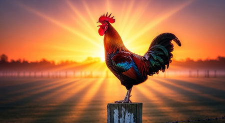 Beautiful rooster standing on a post in front of a sunriseの素材