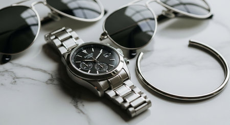 Men's wristwatch and sunglassesle background. Selective focus.の素材
