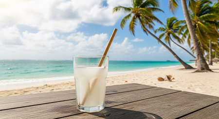 Coconut milk in a glass with a straw on the beachの素材