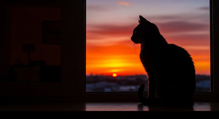 Silhouette of a cat sitting on a window sill at sunsetの素材