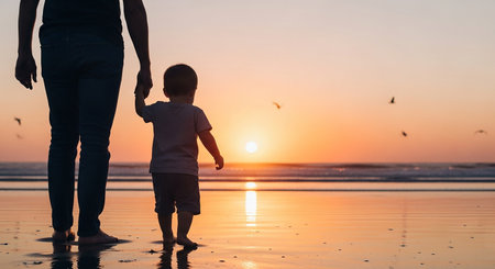 Silhouette of mother and son walking on the beach at sunsetの素材