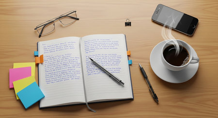 Notebook, pen, coffee cup and smart phone on wooden tableの素材