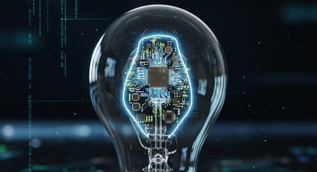 Lightbulb with circuit board inside on dark background 3D renderingの素材
