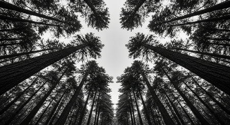 Black and white photo of tall trees in the Sequoia National Parkの素材