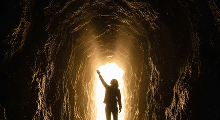 Silhouette of a woman in a tunnel with light coming outの素材