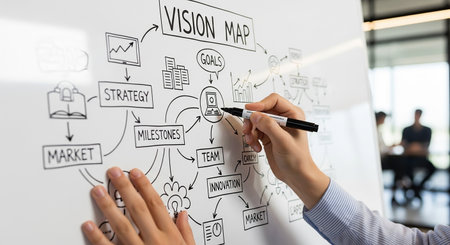 Businessman drawing business strategy plan on whiteboard. Business and finance concept.の素材