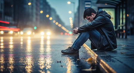 Young man sitting on the wet street in the rain at night.の素材